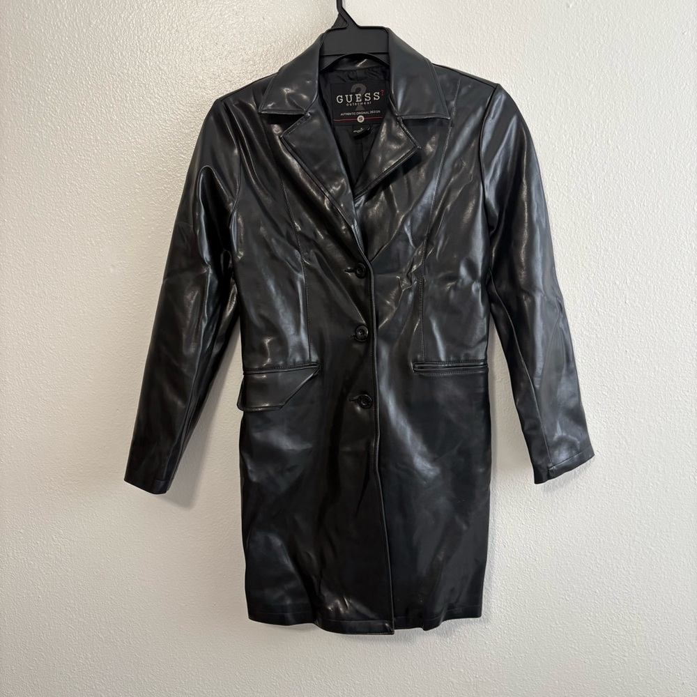 Vintage Guess Size Small Black Faux Leather Trench Coat Y2K Business Casual